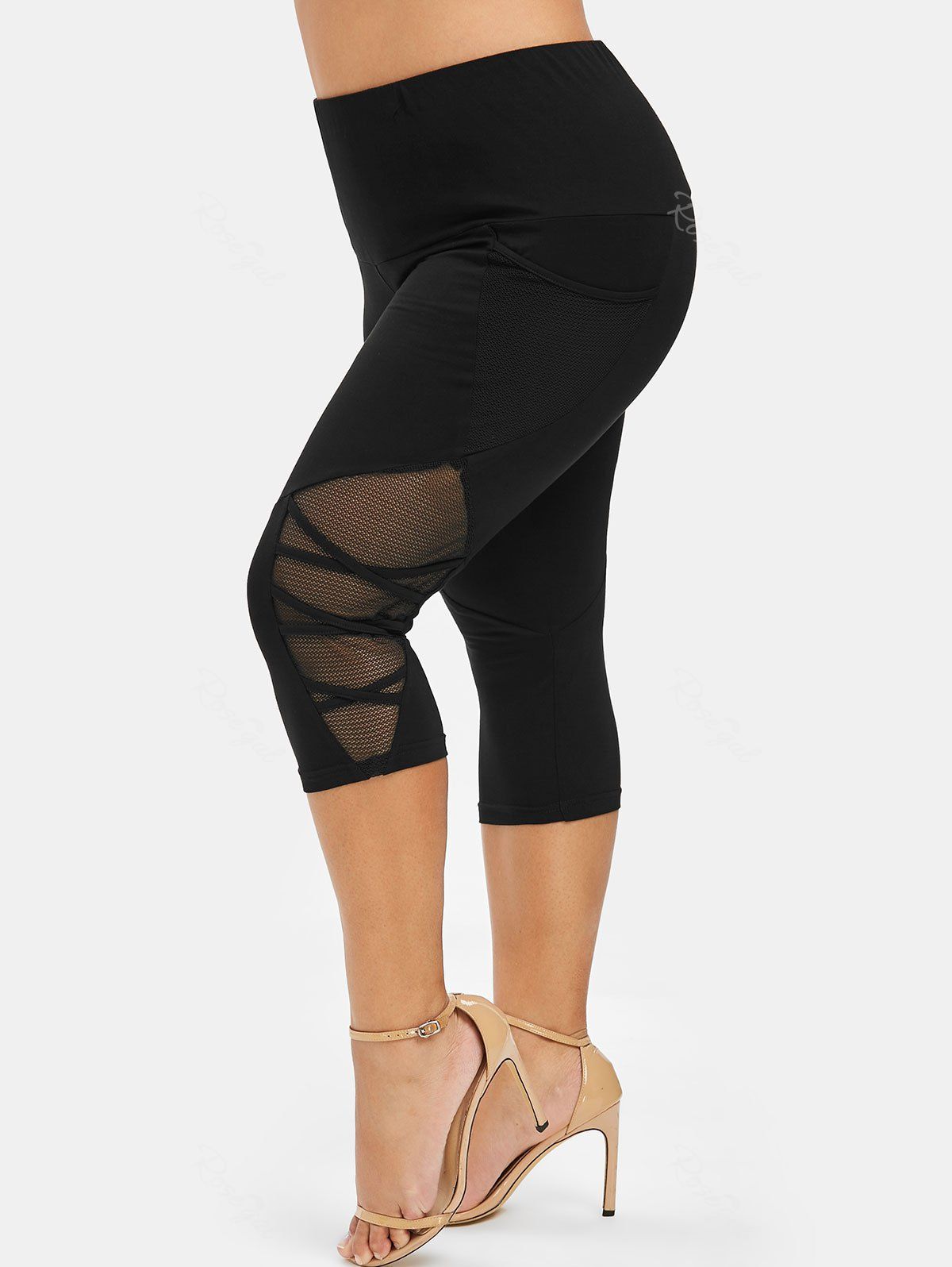 

Plus Size Fishnet Panel Criss Cross Cropped Leggings, Black