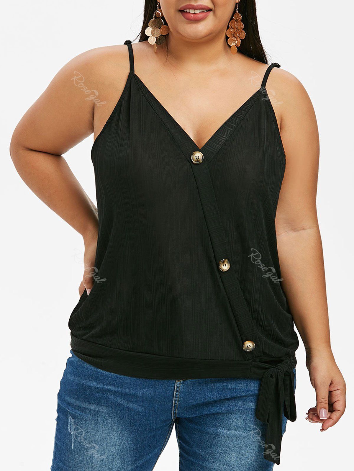 

Buttoned Tie Front Plus Size Cami Top, Black