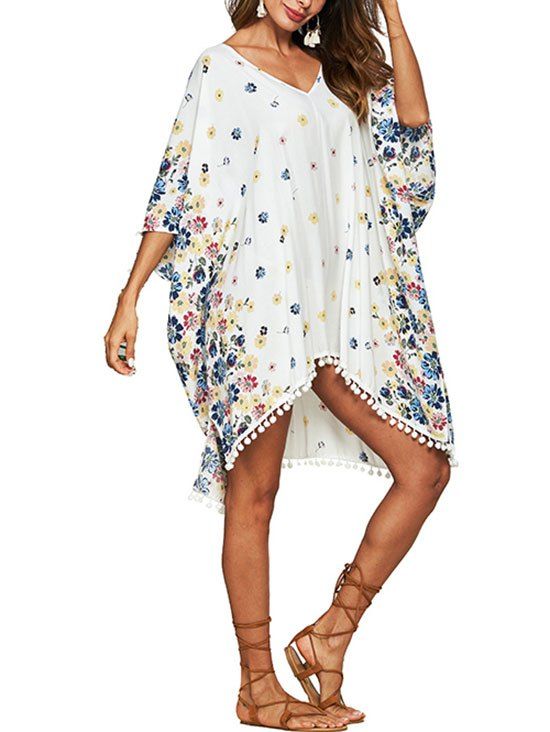 

Flower Batwing Sleeve Beach Cover Up, White