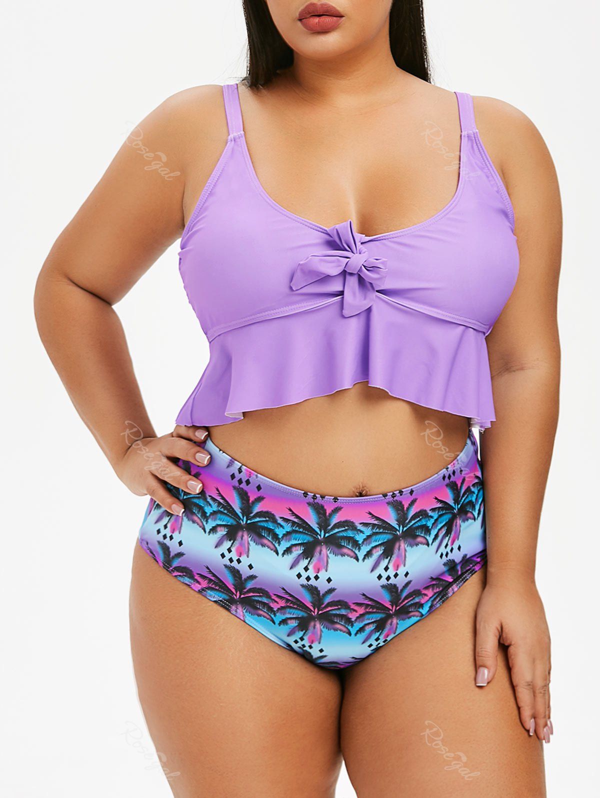 

Plus Size Palm Tree Print Tied Bikini Set, Multi-a