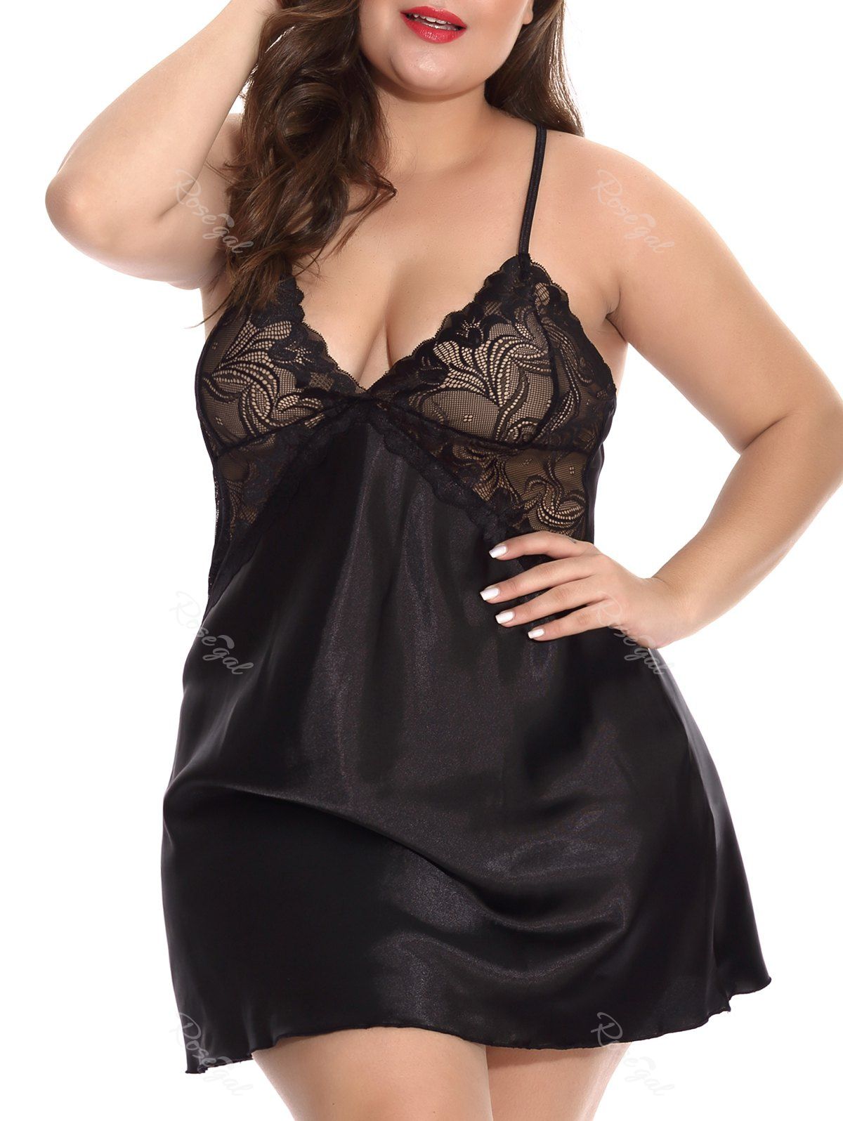 

Plus Size Lace Insert Backless Satin Babydoll, Black