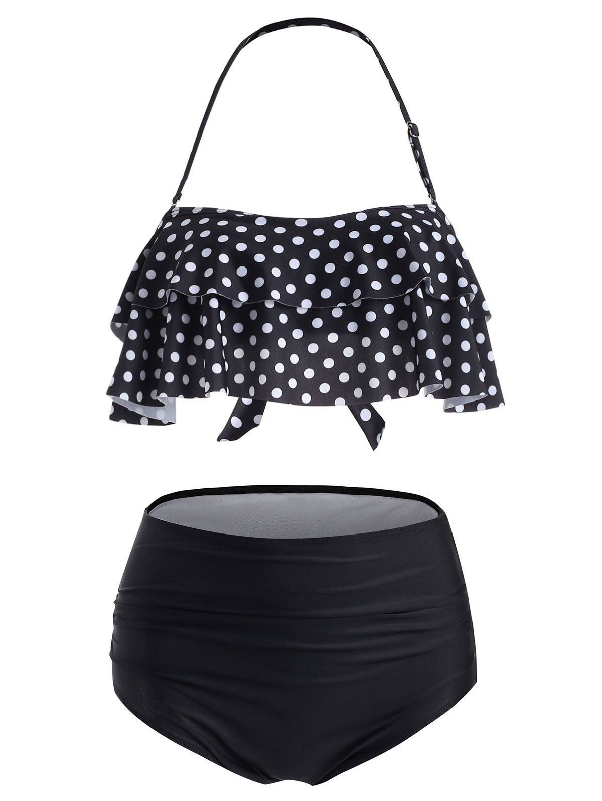 

Polka Dot Flounce Ruched Halter Bikini Set, Black
