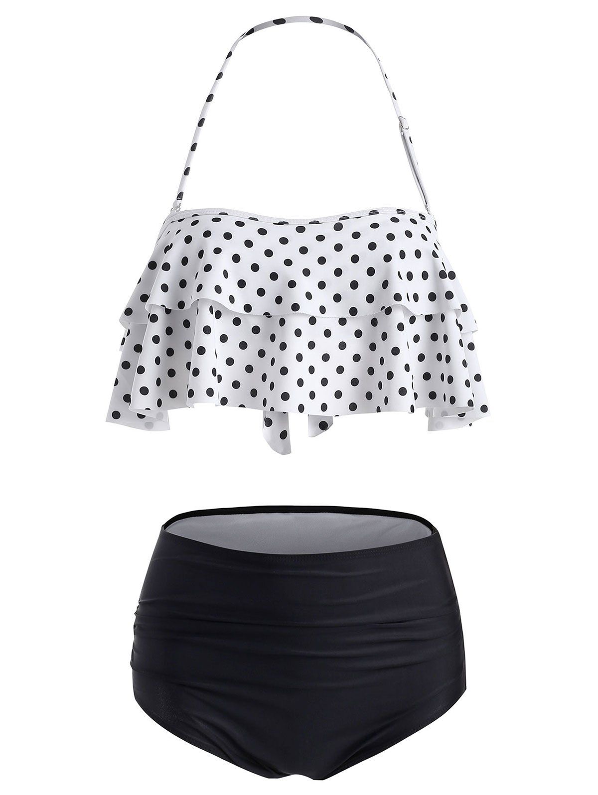 

Polka Dot Flounce Ruched Halter Bikini Set, White