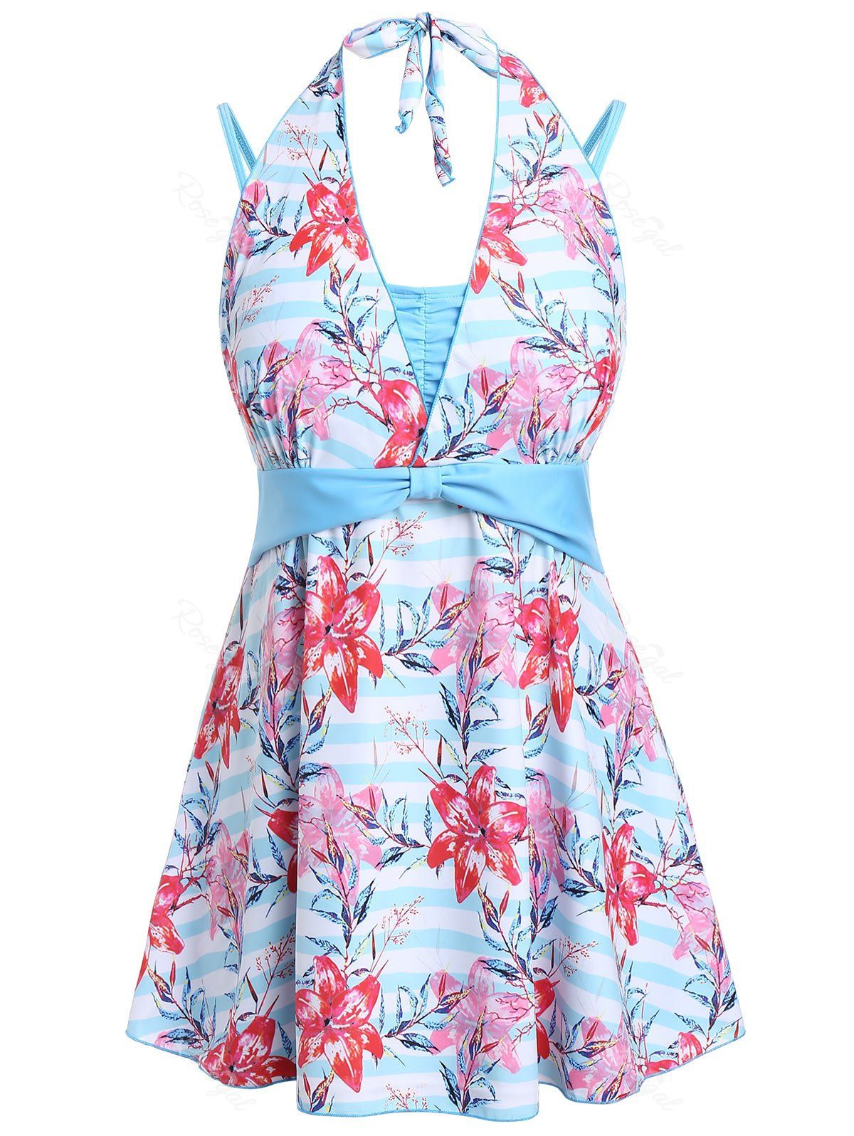 

Plus Size Knotted Floral Skirted Tankini Set, Deep sky blue