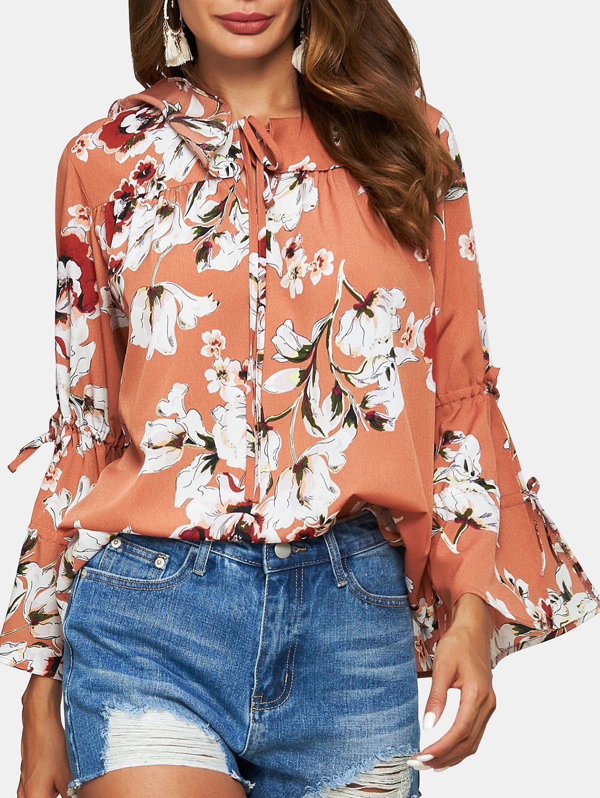 

Flower Ruffle Keyhole Blouse, Multi