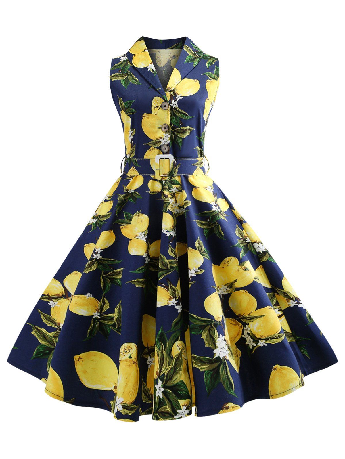 

Buttoned Lemons Print Belted Dress, Cadetblue