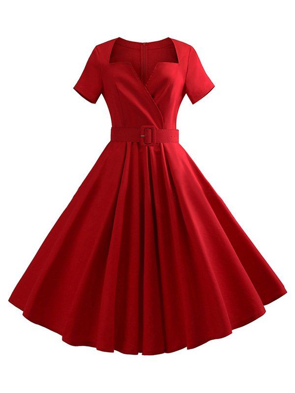 

Notched Collar Belted Solid Dress, Red