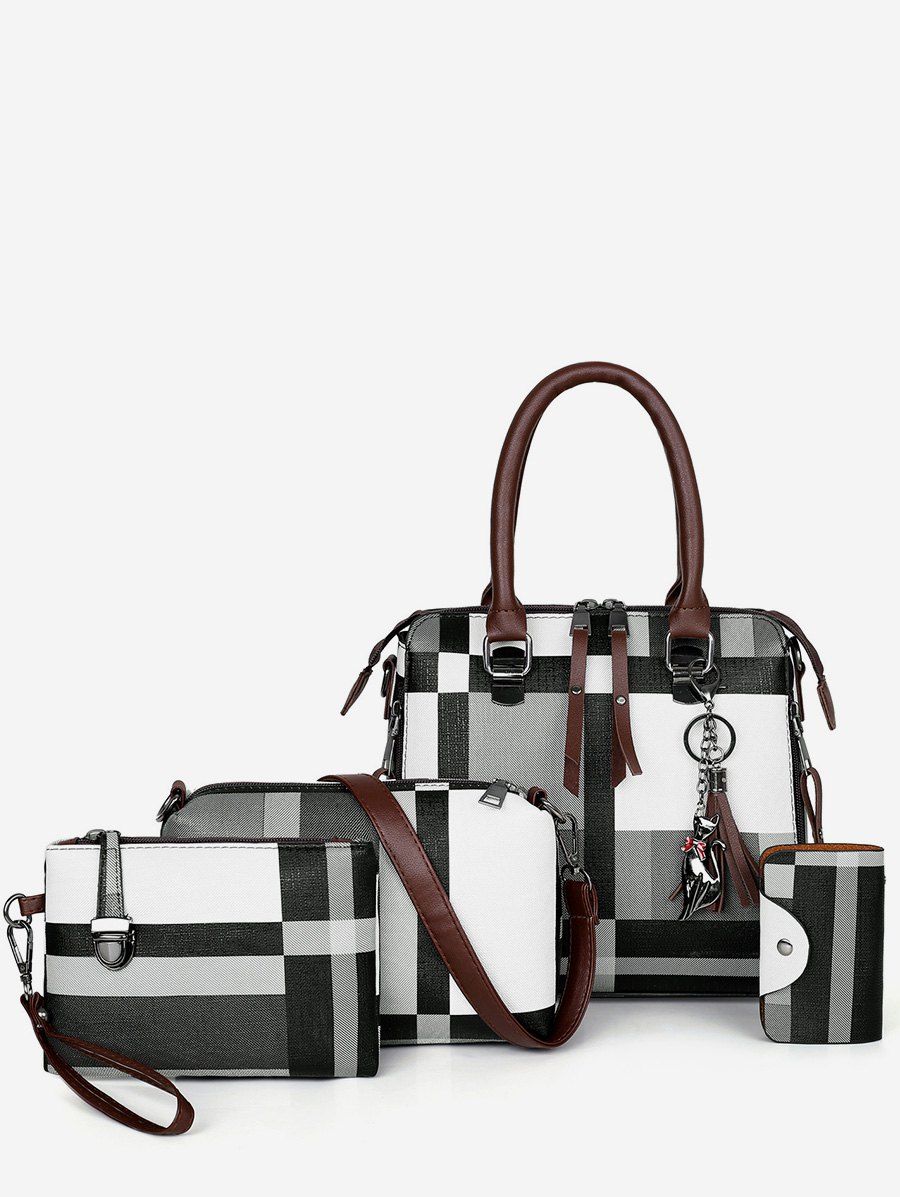 

4Pcs Color Block Checker Tote Bag Set, Gray