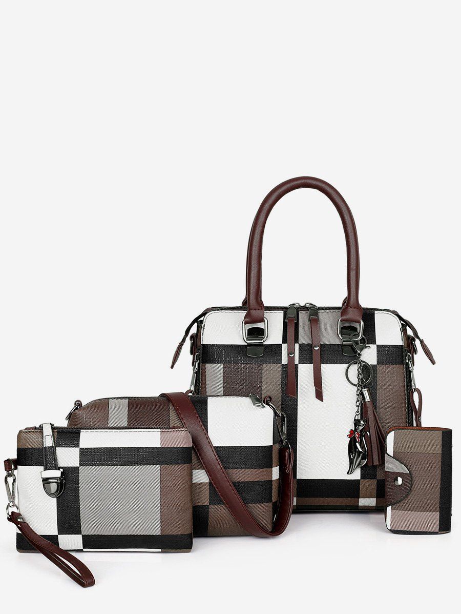 

4Pcs Color Block Checker Tote Bag Set, Coffee