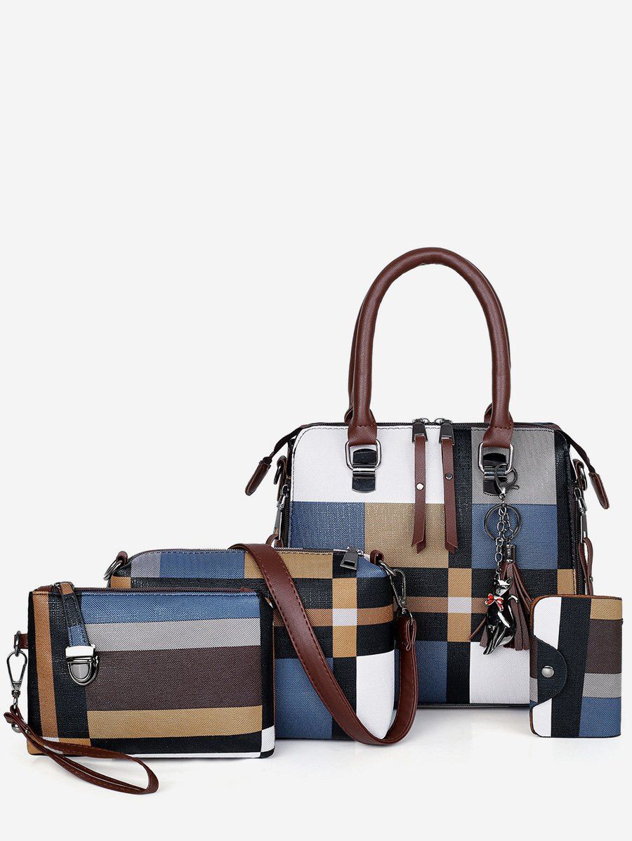 

4Pcs Color Block Checker Tote Bag Set, Peacock blue