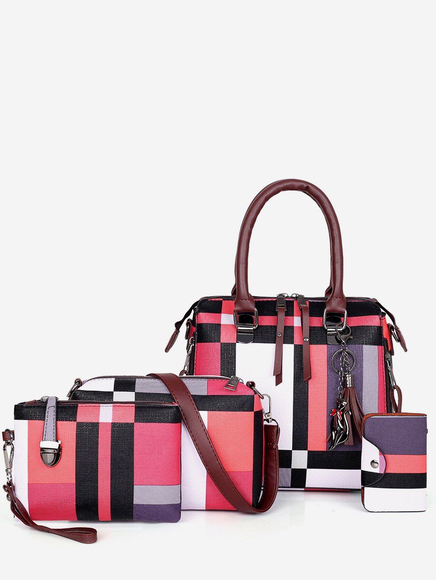 

4Pcs Color Block Checker Tote Bag Set, Red wine
