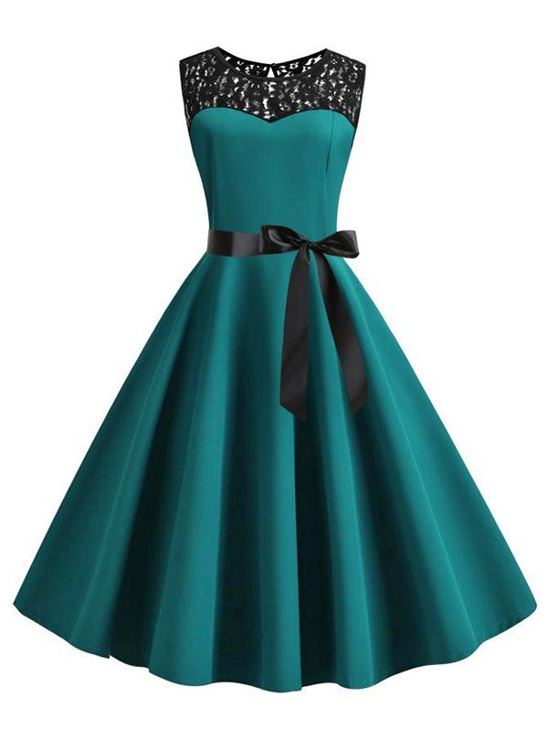 

Retro Sleeveless Lace Insert Pin Up Dress, Dark turquoise