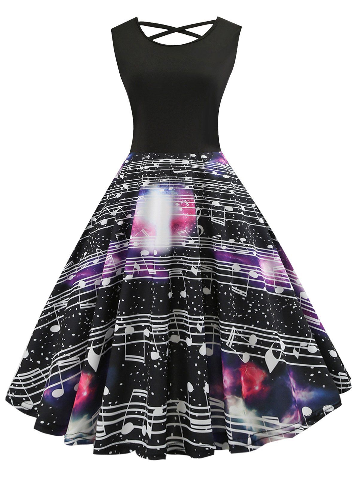 

Musical Note Print Flare Dress, Black