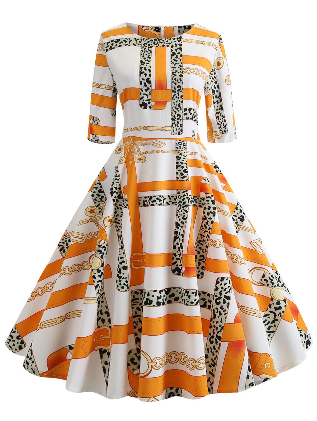 

Vintage Printed High Waist A Line Dress, Multi-b