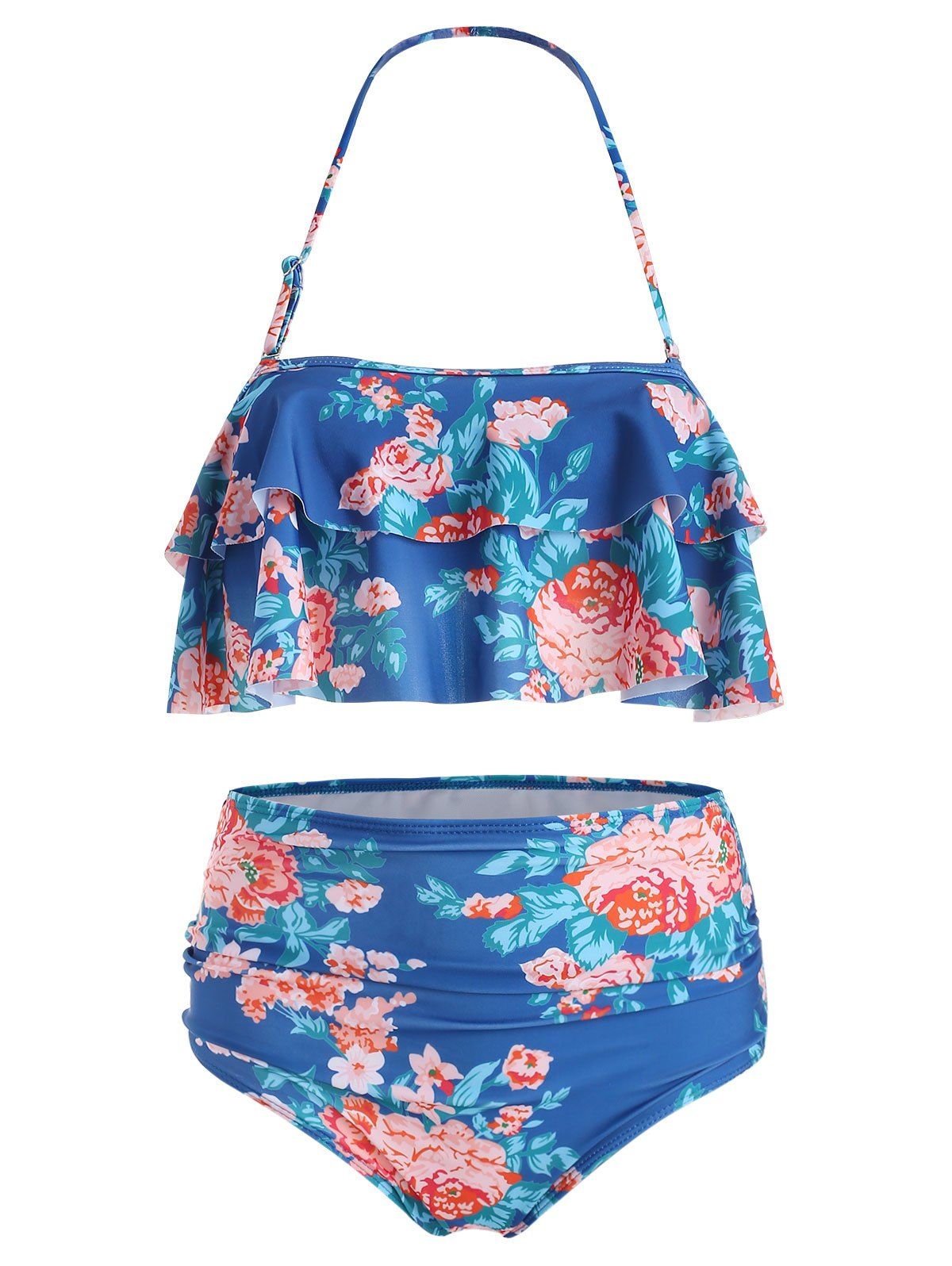 

Floral Flounce Ruched Halter Bikini Set, Lapis blue