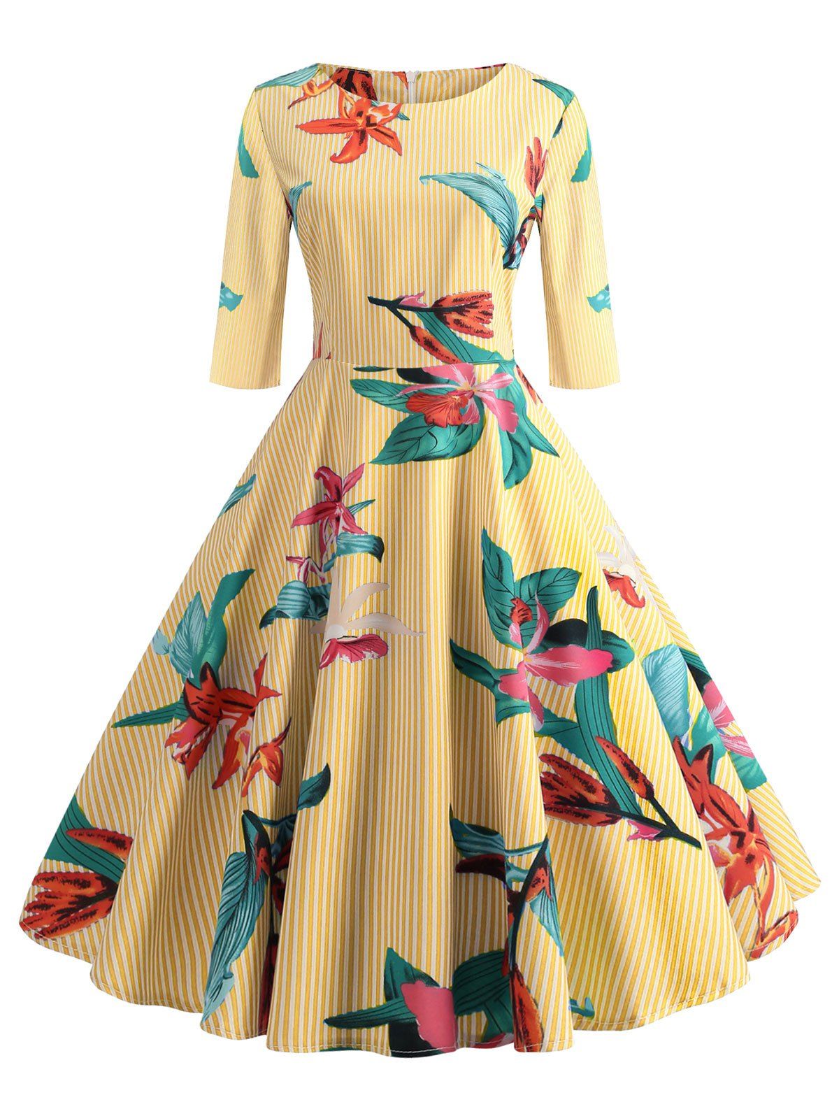 

Vintage Floral Knee Length Dress, Bee yellow