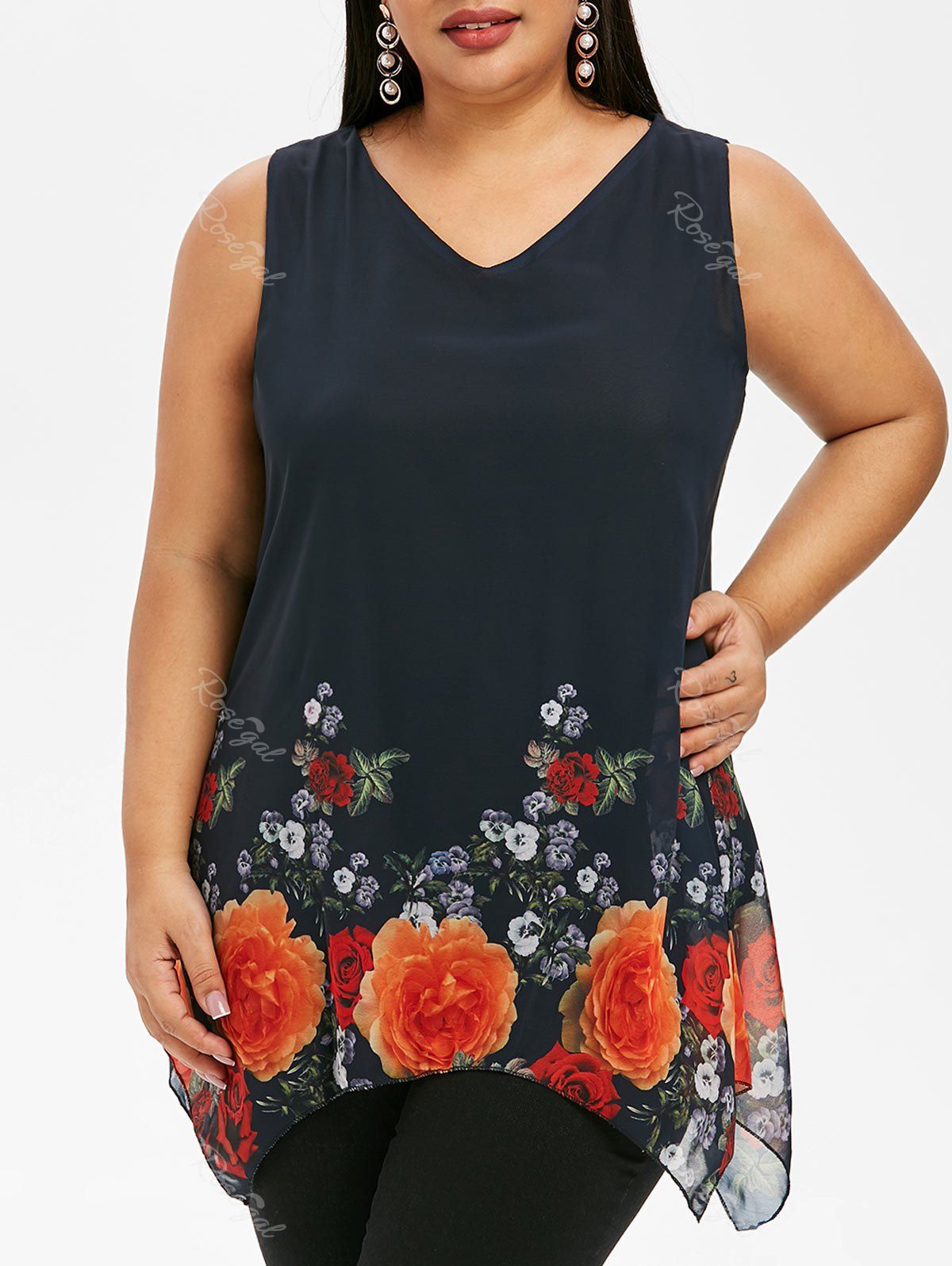 

Plus Size Asymmetrical Floral Tank Top, Dark slate blue