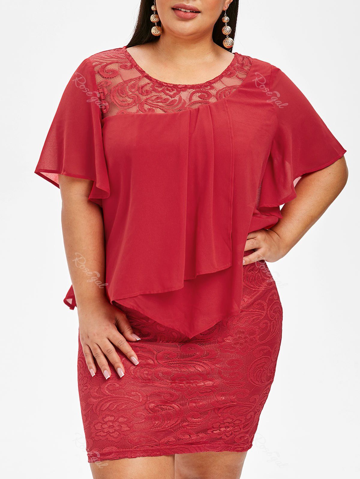 

Plus Size Overlay Lace Bodycon Dress, Red