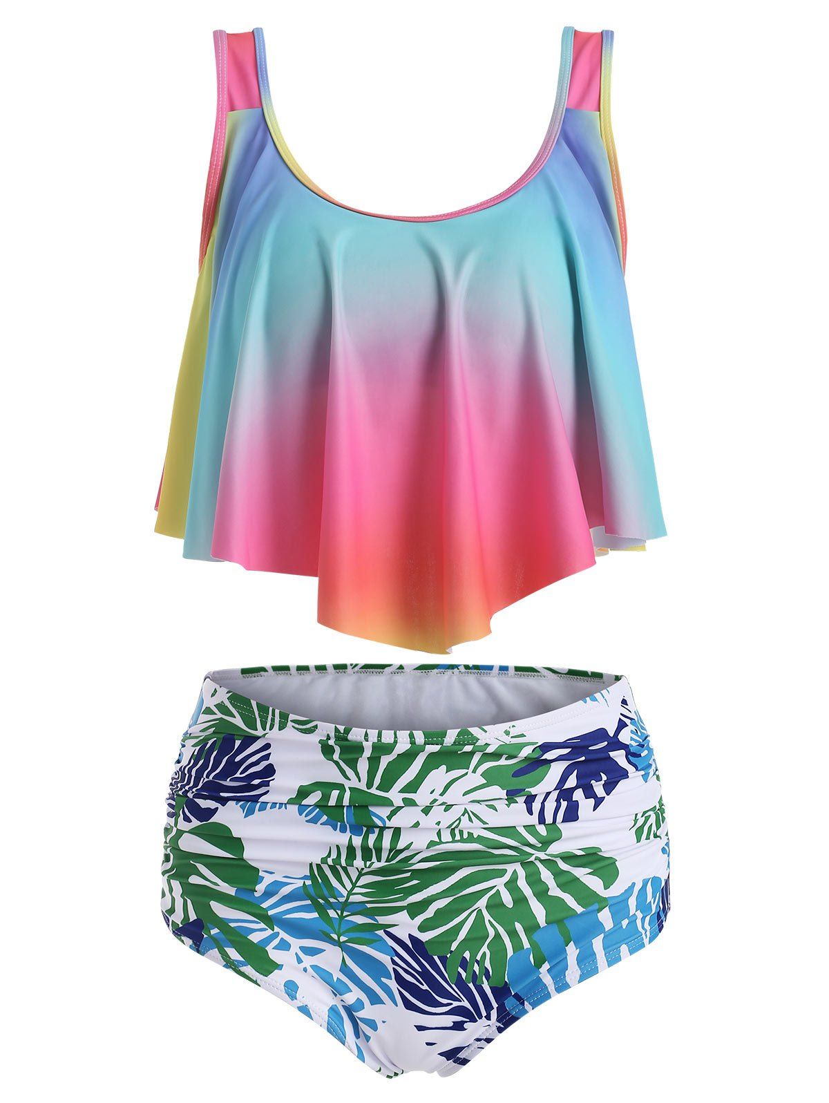 

Ombre Flounce Leaf Print Tankini Set, Multi