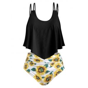 

Contrast Overlay Sunflower Plus Size Tankini Set, Black
