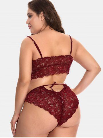 

Plus Size See Through Lace Bralette Set, Red wine