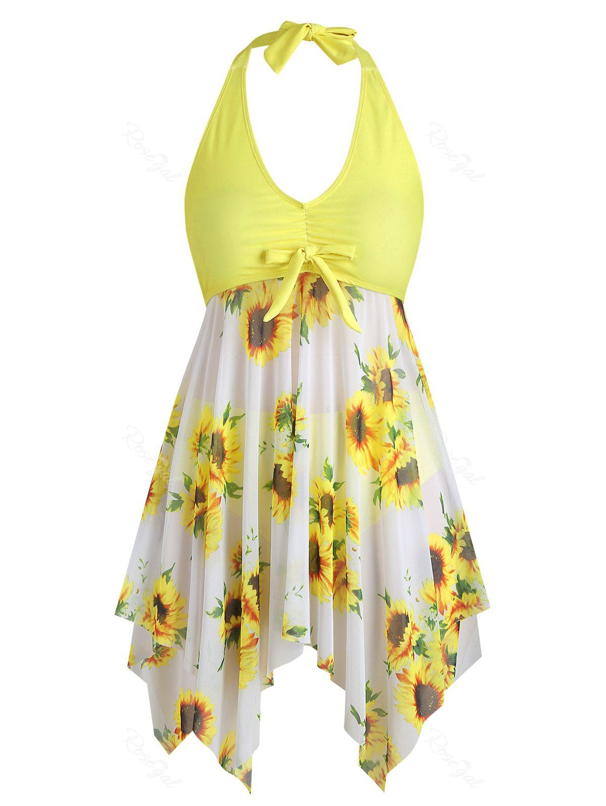 

Bowknot Contrast Sunflower Floral Butterfly Plus Size Tankini Set, Yellow