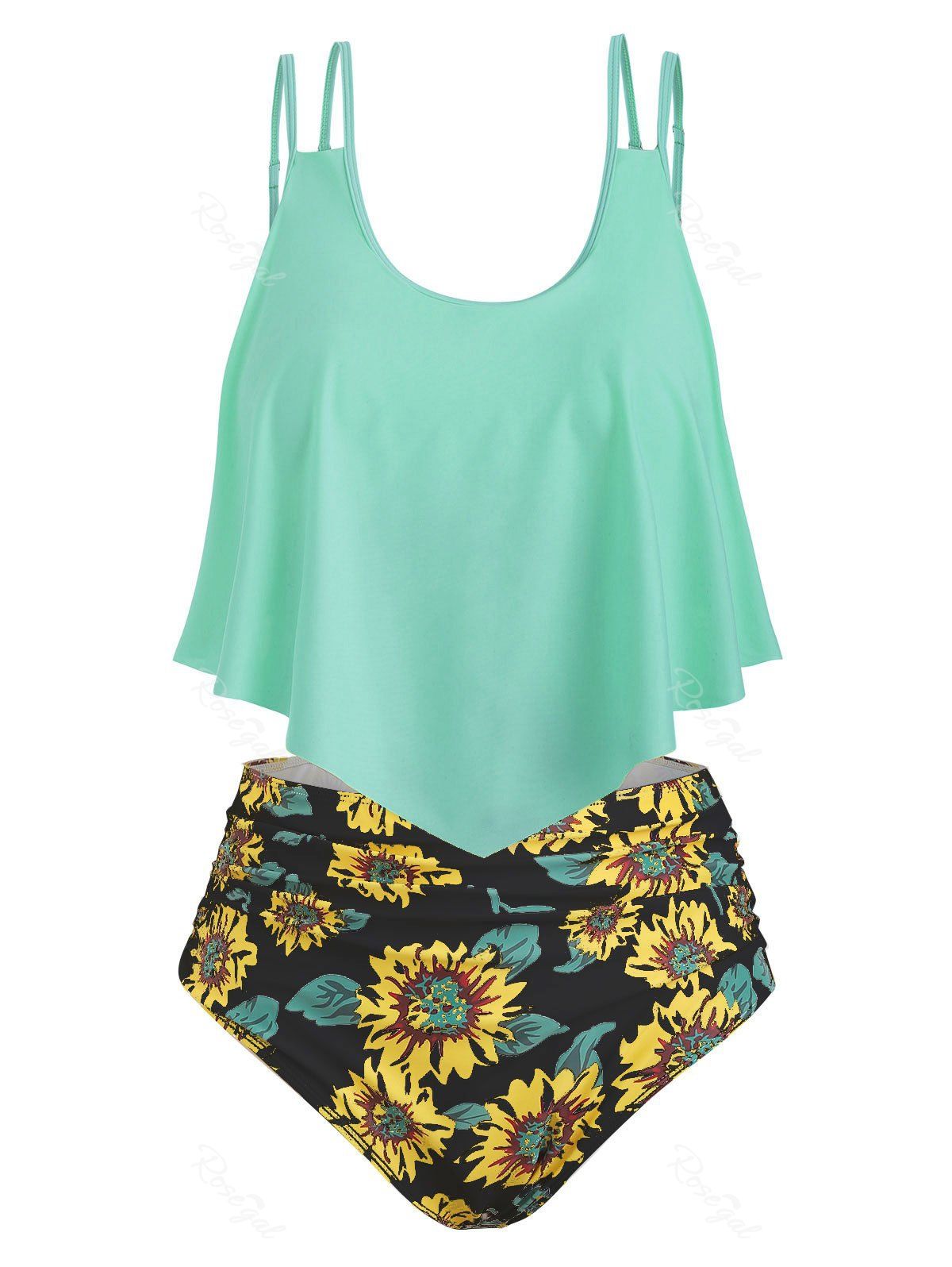 

Contrast Overlay Sunflower Plus Size Tankini Set, Pale blue lily