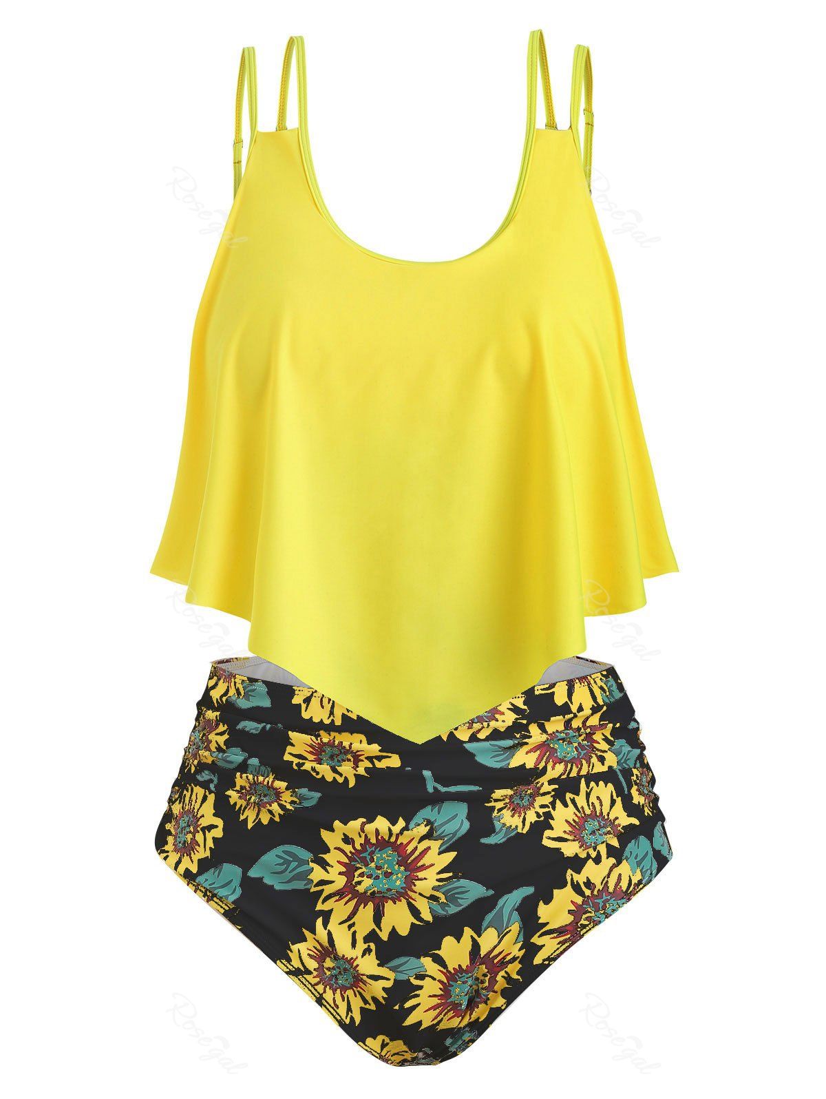 Fashion Contrast Overlay Sunflower Plus Size & Curve Tankini Set  