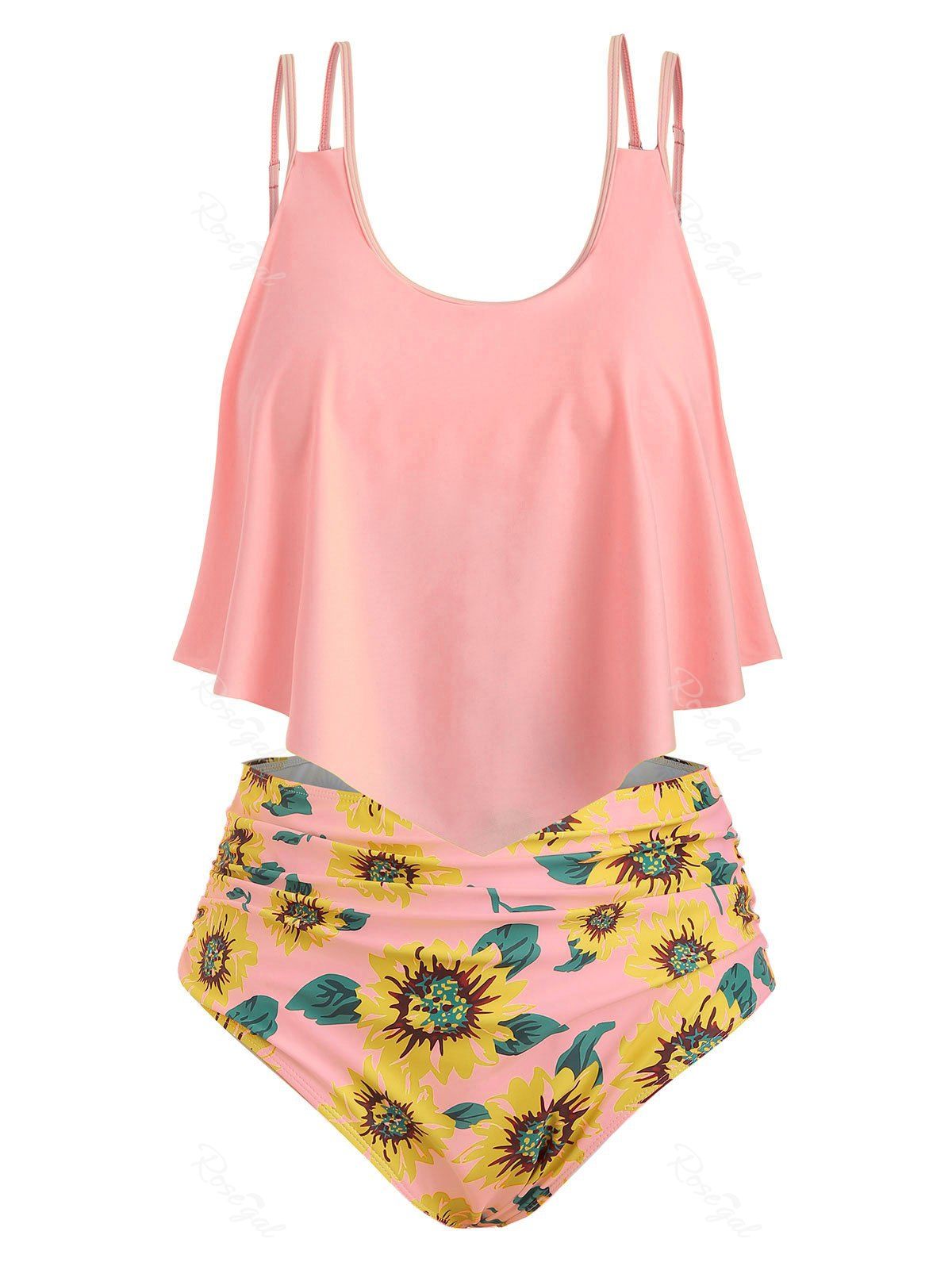 

Contrast Overlay Sunflower Plus Size Tankini Set, Pig pink