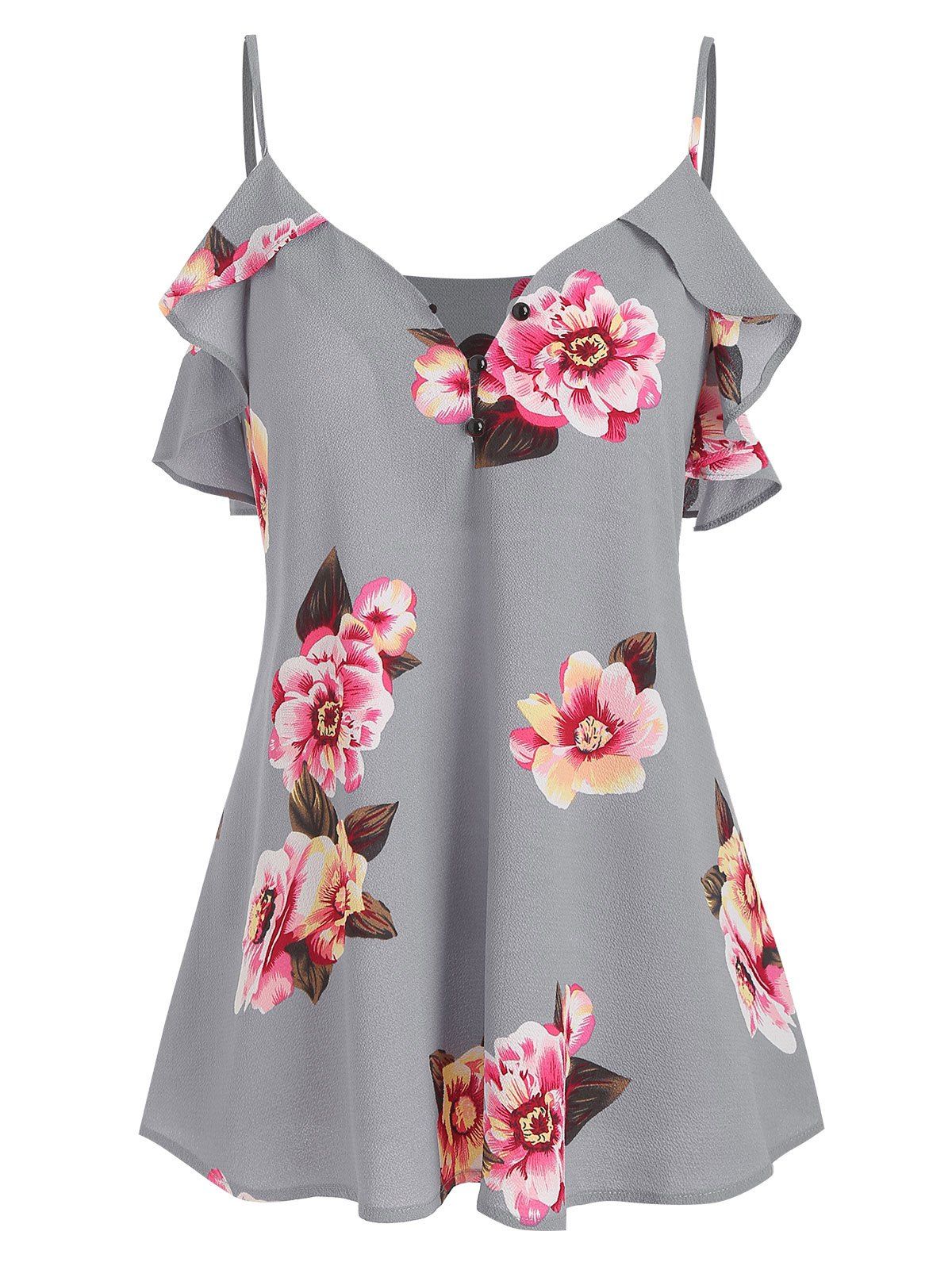 

Flower Print Ruffles Cami Top, Gray