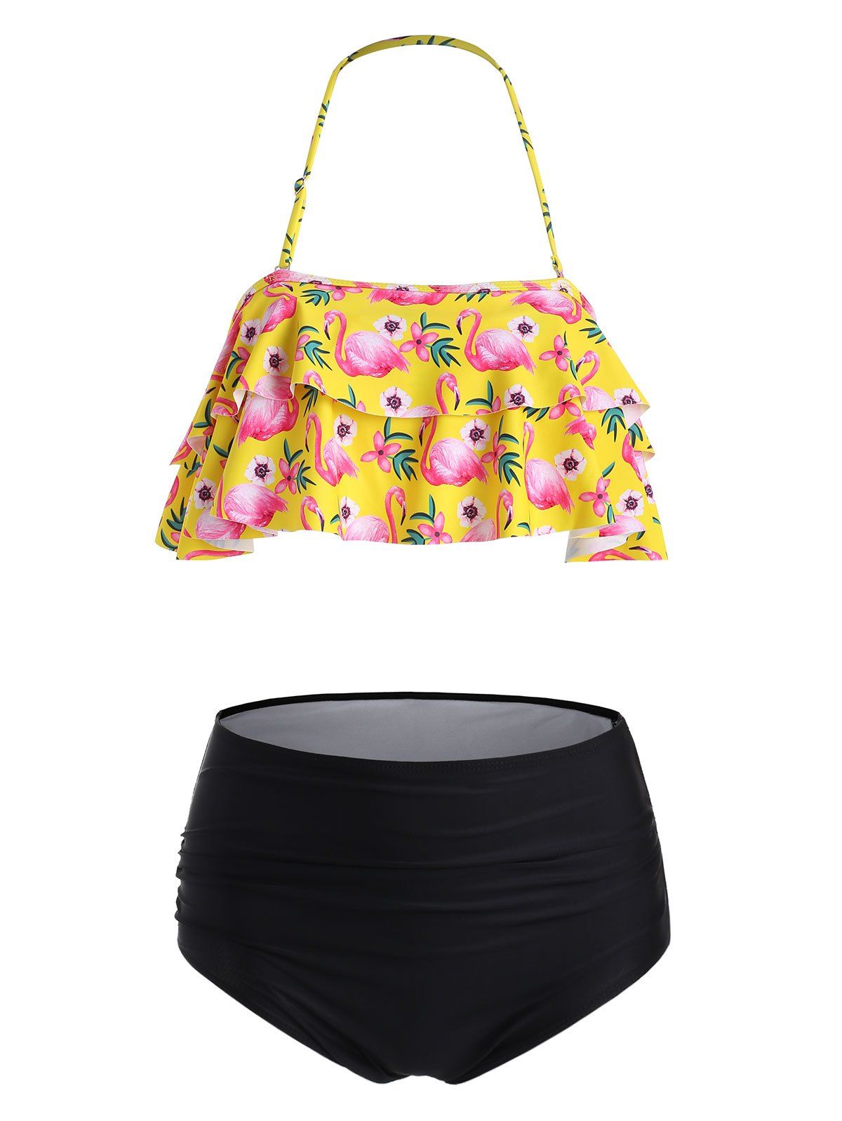

Flamingo Print Flounce Ruched Bikini Set, Goldenrod
