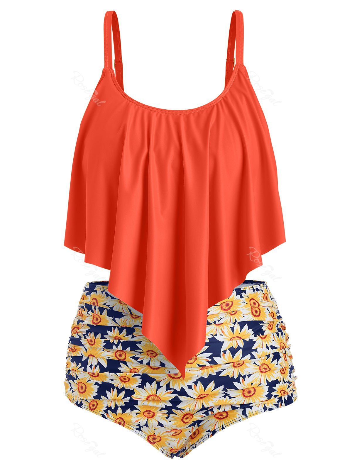 

Plus Size Overlay Sunflower Print Ruched Bikini Set, Orange