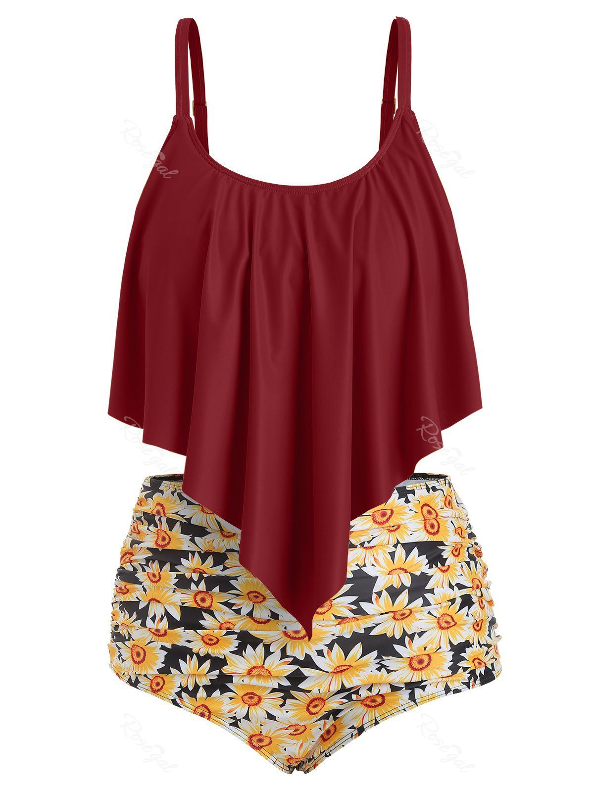 

Plus Size Overlay Sunflower Print Ruched Bikini Set, Red wine