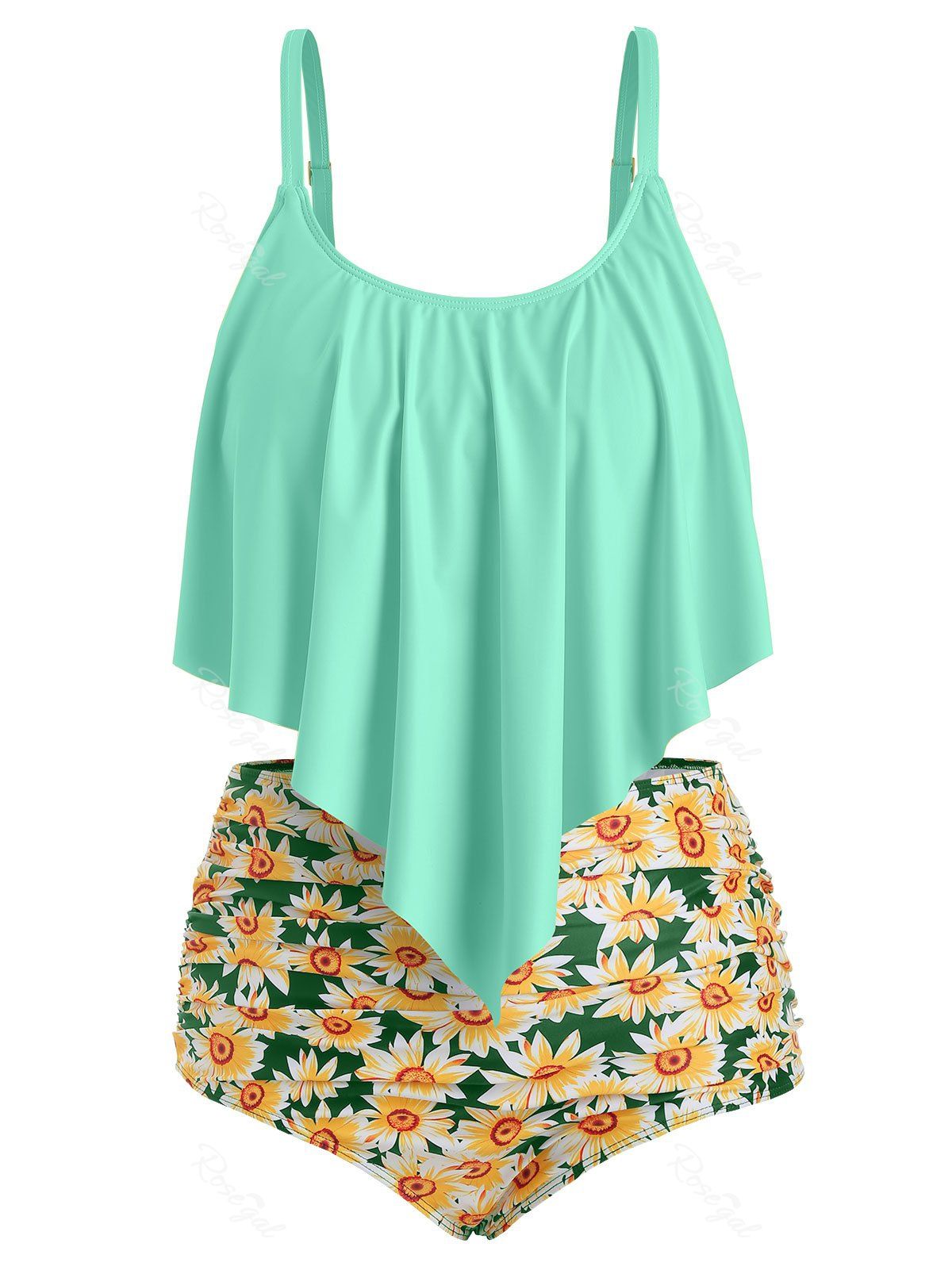 

Plus Size Overlay Sunflower Print Ruched Bikini Set, Aquamarine