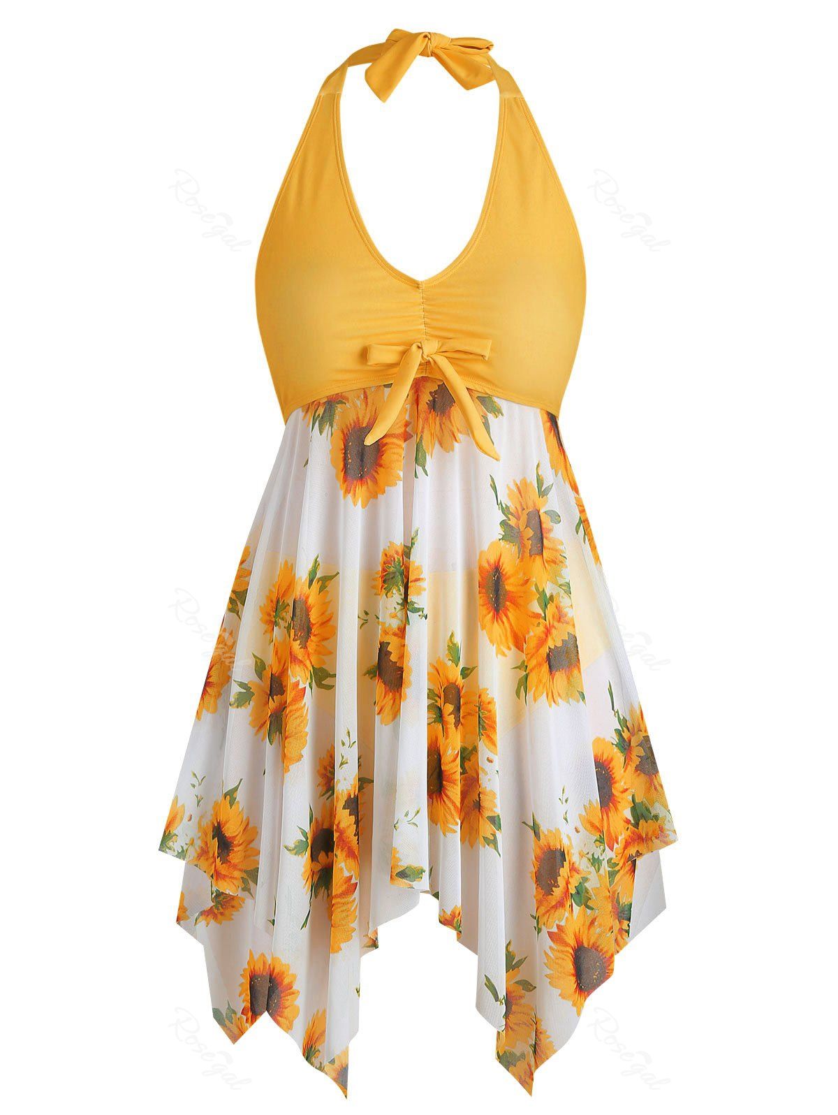 

Bowknot Contrast Sunflower Floral Butterfly Plus Size Tankini Set, Bee yellow