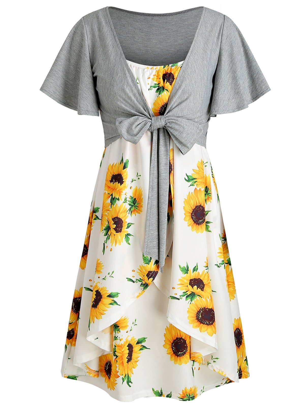 

Knotted Top and Sunflower Overlap Dress Set, White