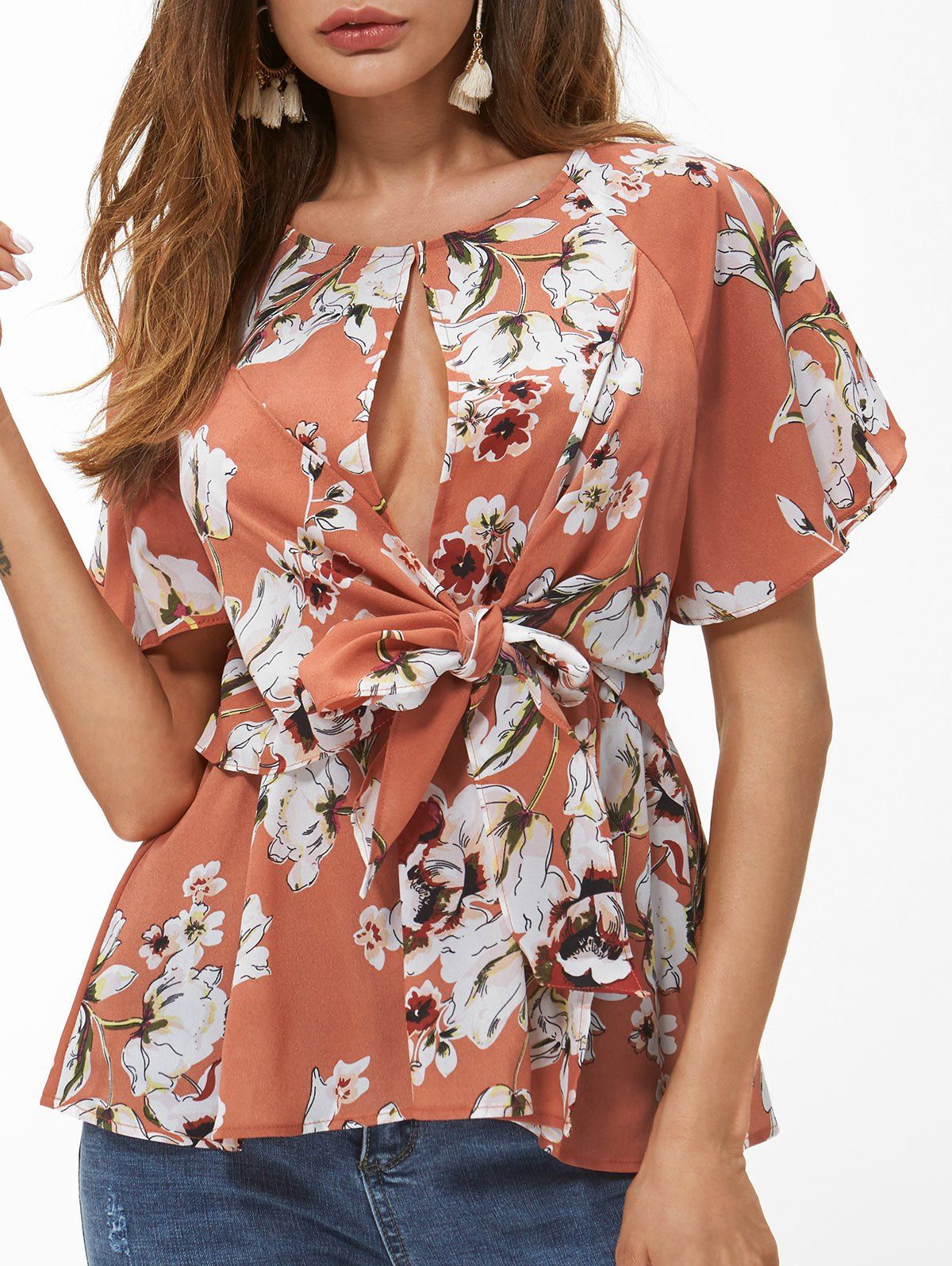 

Flower Cut Out Belted Blouse, Multi