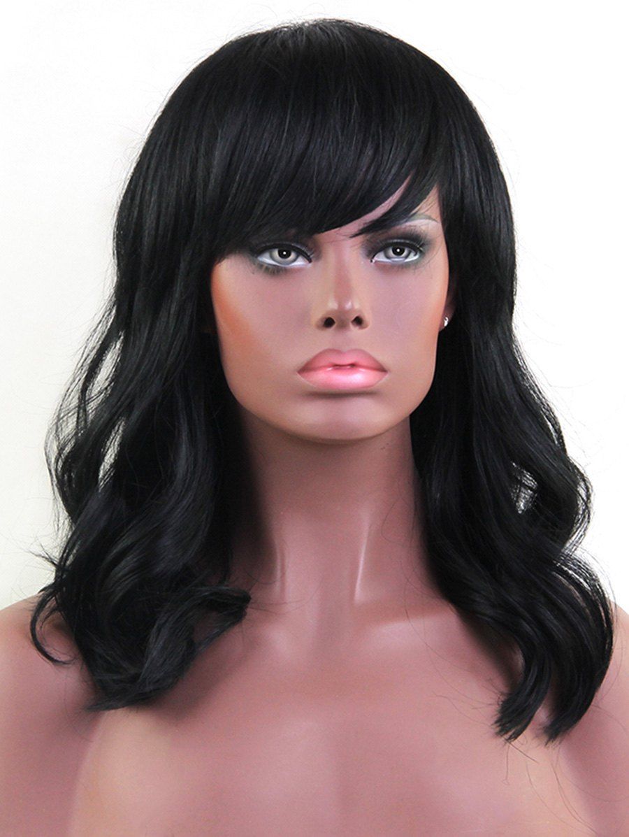 

Side Bang Body Wave Medium Solid Human Hair Wig, Black