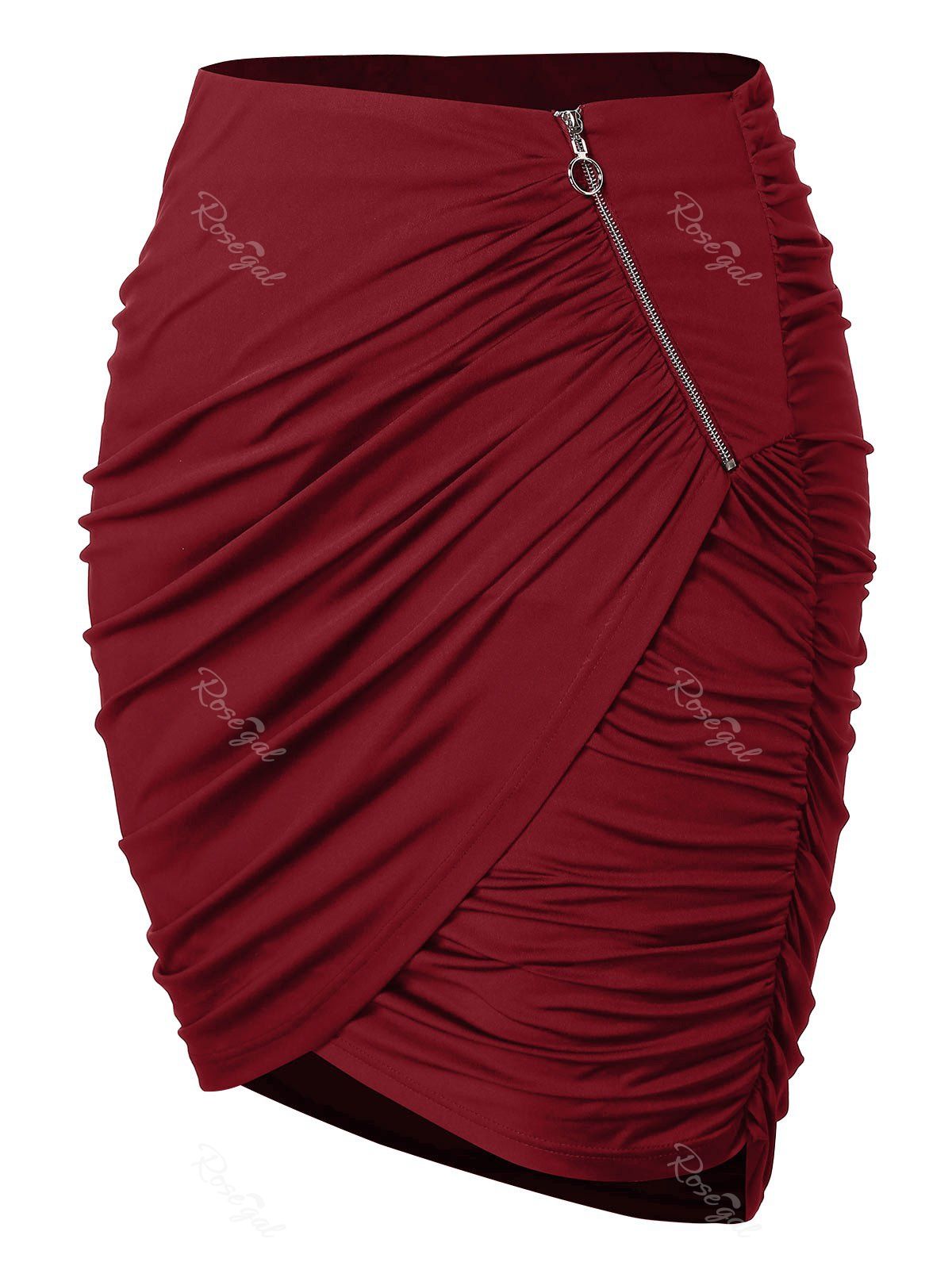 

Plus Size Zipper Asymmetrical Ruched Skirt, Red wine