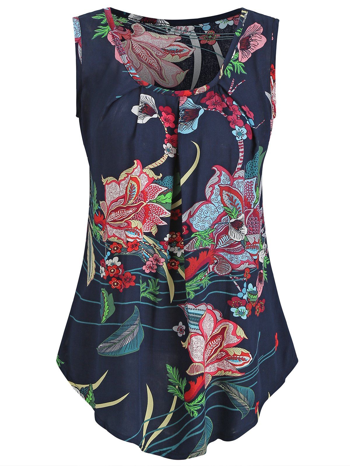 

Round Collar Floral Print Tank Top, Dark slate blue