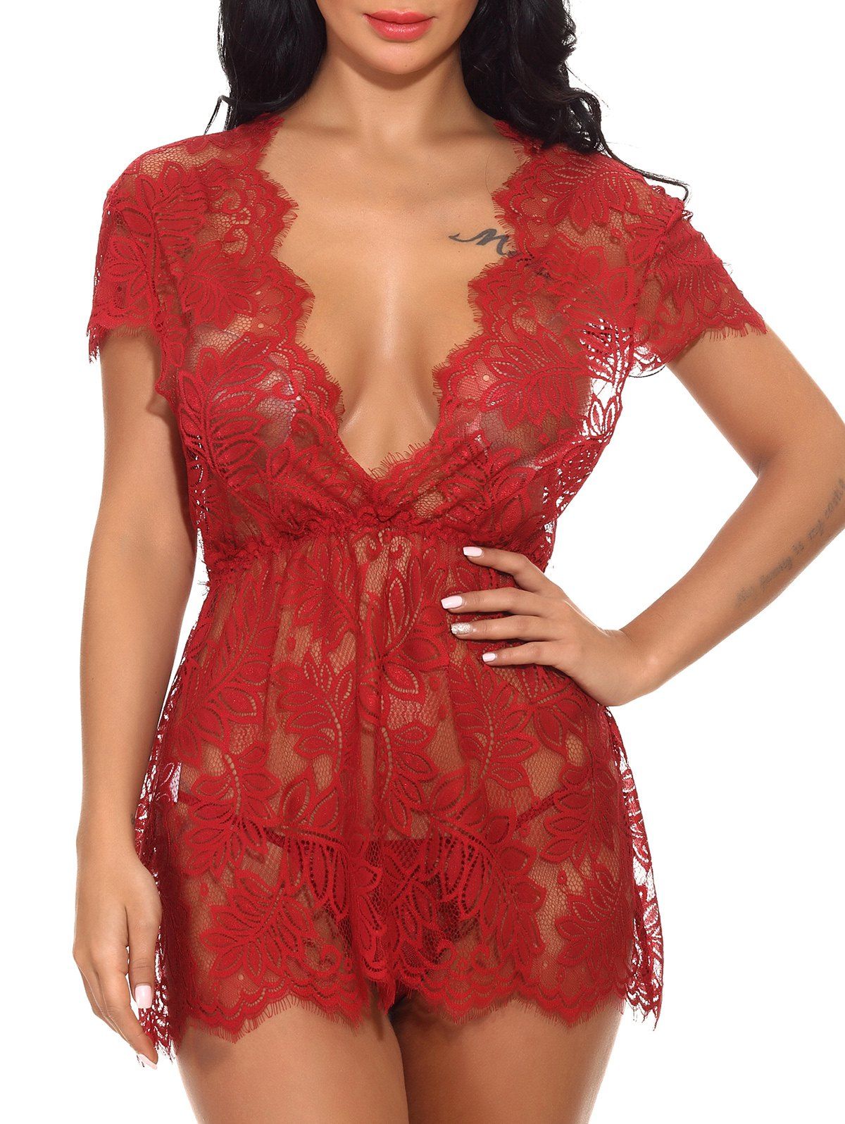 

Tie Back Sheer Lace Babydoll, Red wine