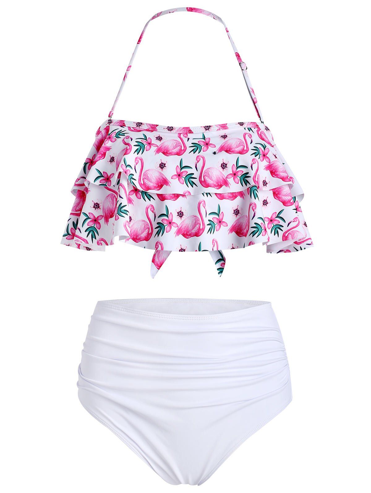 

Flamingo Print Flounce Ruched Bikini Set, White