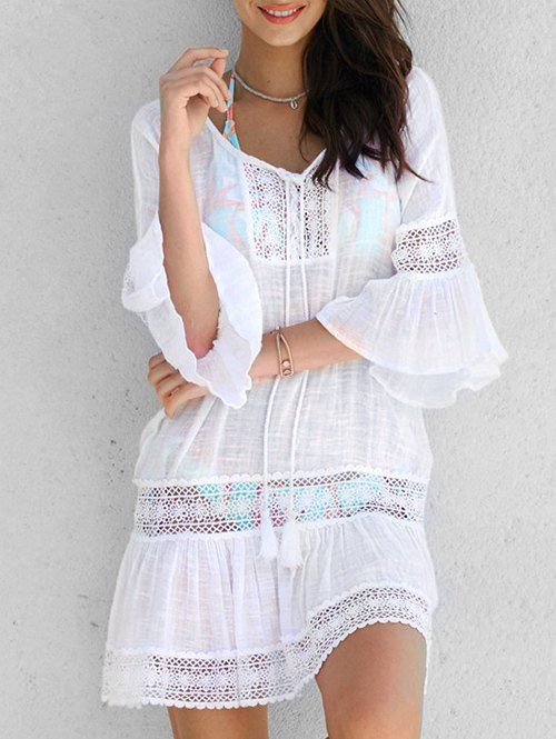 

Lace Applique Bell Sleeve Cover Up Dress, White