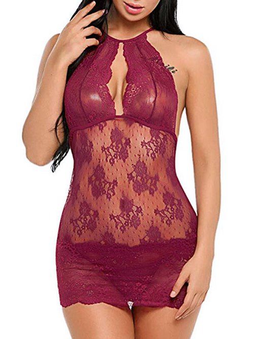 

Cut Out See Through Lace Babydoll, Red wine