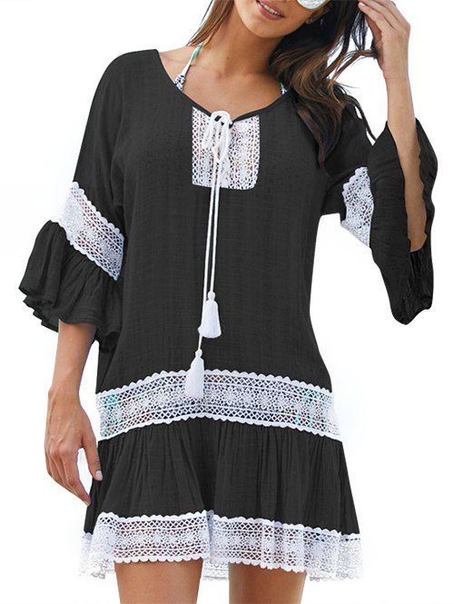 

Lace Applique Bell Sleeve Cover Up Dress, Black