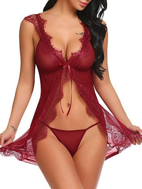 

Plunging Neck Lace Panel Mesh Babydoll, Red wine
