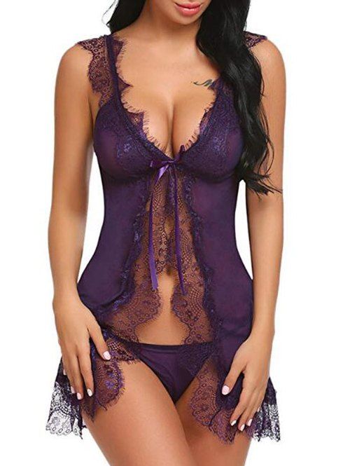 

Plunging Neck Lace Panel Mesh Babydoll, Plum purple