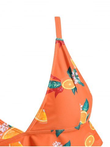 

Orange Print Flounce Plus Size Bikini Set, Multi-a