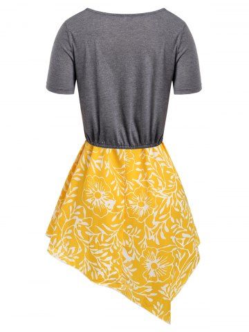 

Plus Size Floral Asymmetrical Two Piece T-shirt, Bee yellow