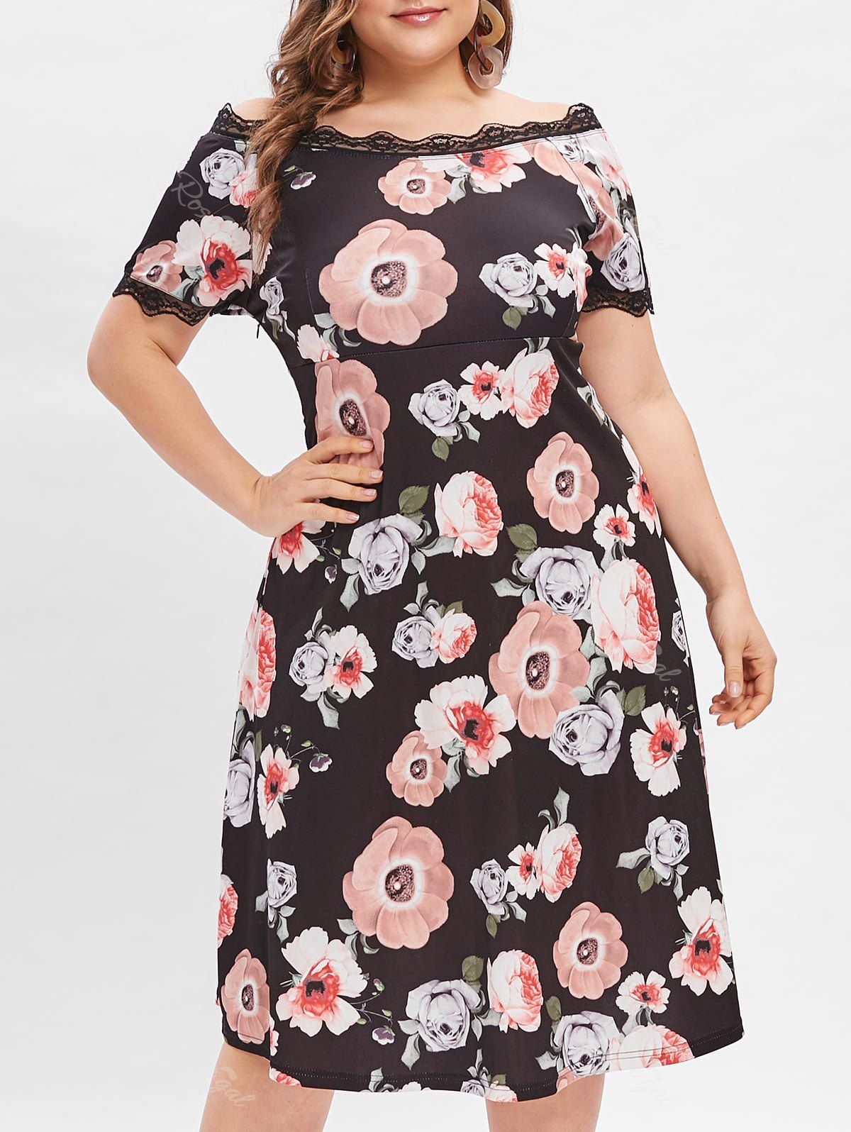 

Lace Panel Plus Size Floral Print A Line Dress, Black